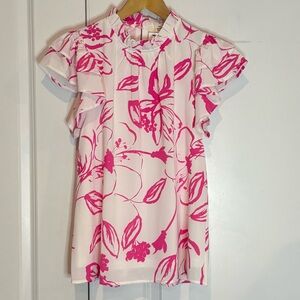 NWT Entro Deann Top White Pink Floral Ruffle Flutter Sleeve Blouse S
